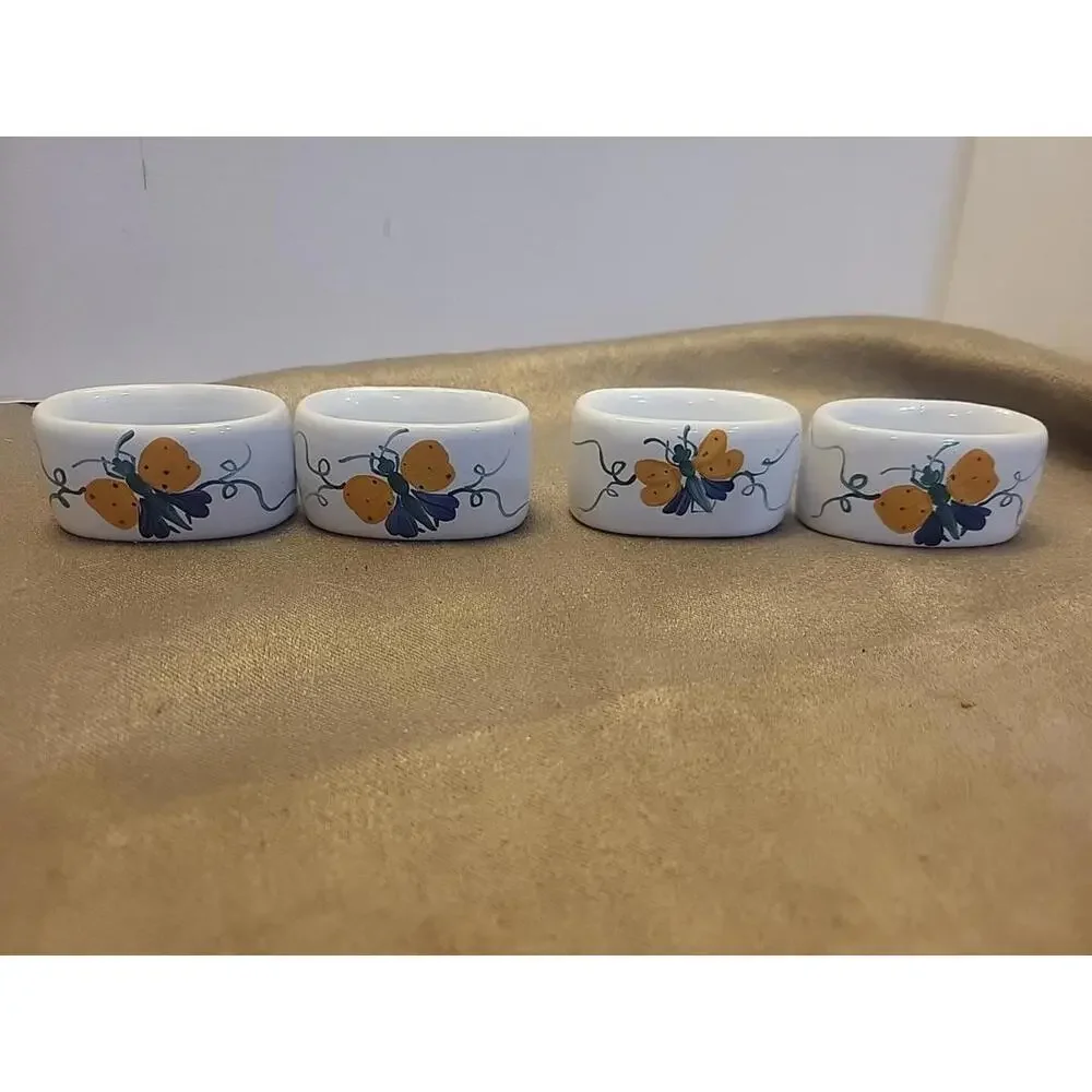 Herend Village Pottery Set Of 4 Hand Painted Vintage Butterfly Napkin Rings